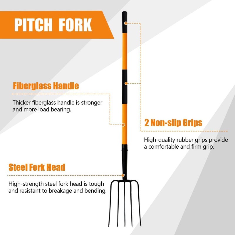 FORCOLID Pitch Fork-58 Inch，5-Tine Steel Garden Fork Heavy Duty, Mulch with Cushion Grip, Orange Fiberglass Handle - Image 2